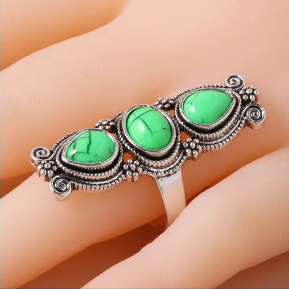 Green Faux Turquoise and Silver Southwestern Inspired Ring